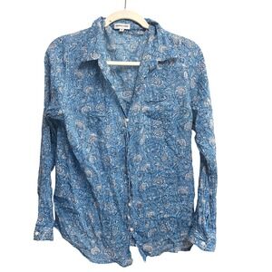 Happy Few Floral Block Print Blue Button Down Shirt Blue Long Sleeve Cotton XL